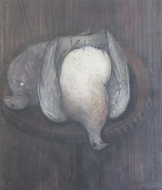 William de Belleroche (1913-1969) Still lifes - pigeons on a table and Poussin on marble 24 x 21in. and 23 x 28in.